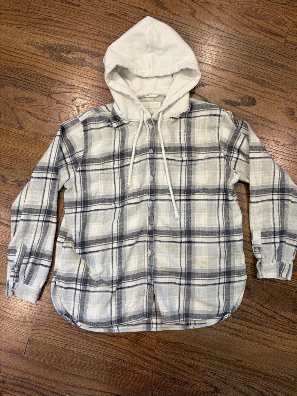 American Eagle Outfitters White & Gray Plaid Hooded Button-Up, Small